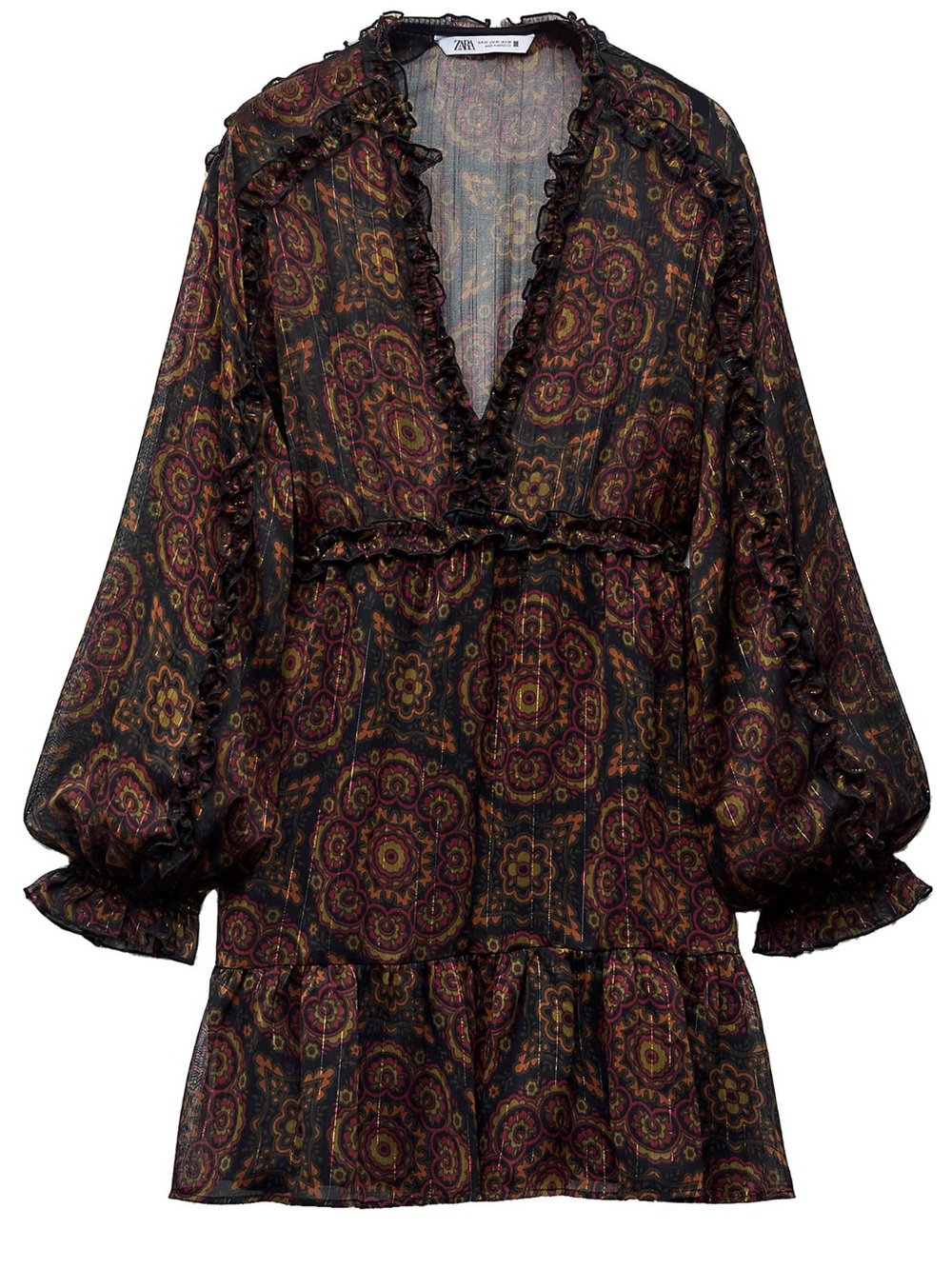 Zara Black Paisley Print Ruffle V-Neck Mini Dress